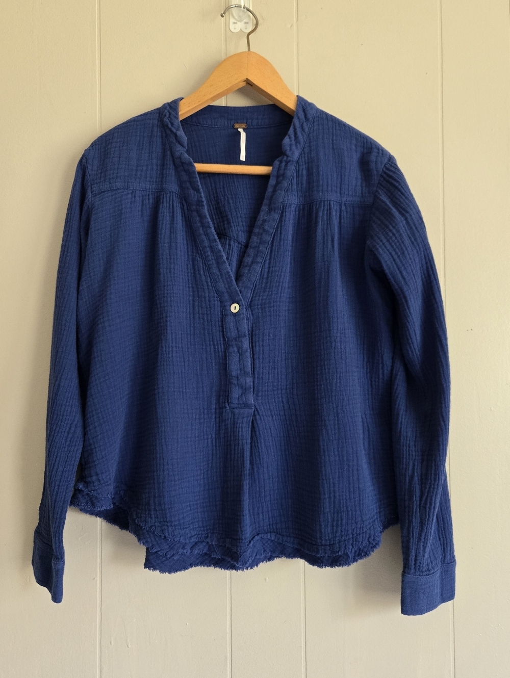 Free People Changing Horizon Sapphire Blue Gauze Top Popover Gauzy Frayed Hem XS